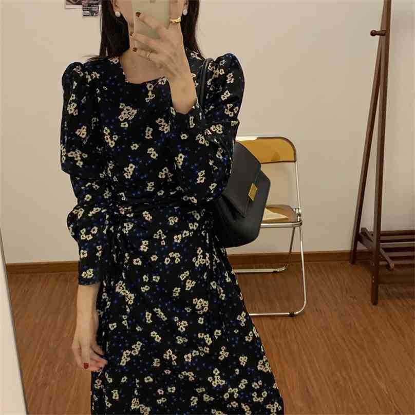 

Gentle O-Neck Chic Loose Floral Printing Women Vestidoes Puff Sleeves Comfortable Retro Long Dresses 210525, Photo color
