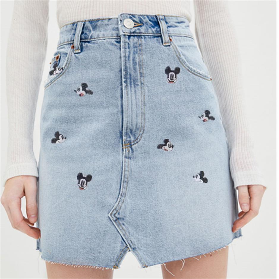 

dave amp di denim skirts women tracksuits vintage cute cartoon mouse embroidery high waist a line mini burrs skirt 2piece, Gray