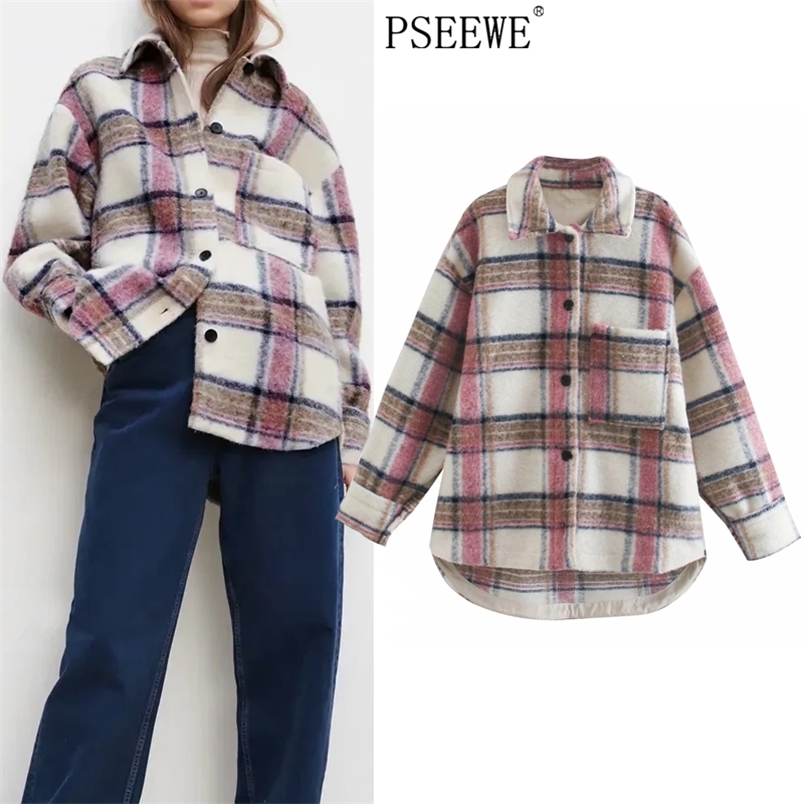 

Pink Oversized Checked Jacket Woman Winter Coat Large Size Long Sleeve Plaid Female Vintage Warm 210519