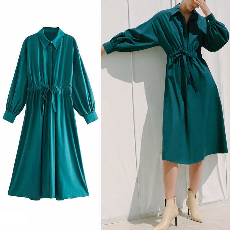 

Za Oversized Shirt Dress Women Midi Autumn Dress Lapel Collar Long Sleeve Elastic Waistband Woman Elegant Long Dresses 210602, As picture