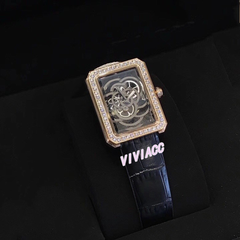 

Women diamond Hollow Camellia Flower watch premiere Black Leather Stainless steel Geometric Rectangle clock quartz wrist watch, As photo
