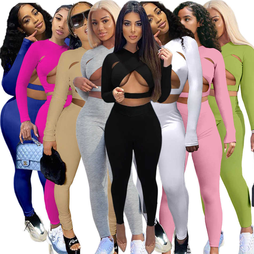 

Women Two Piece Set Solid Color Sexy Hollow Out Sports Suit Pink Outfits Designer Tracksuits Clothes Long Sleeve Pants Nightclub, Mustard