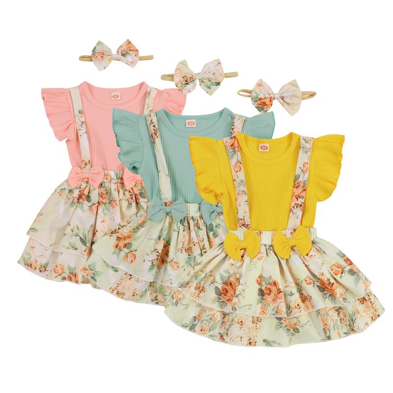 

Clothing Sets 0-24M Summer Toddler Baby Girls Clothes Set 3Pcs Infant Solid Ribbed Cotton Bodysuit Tops Floral Skirt Headband Outfit, Green