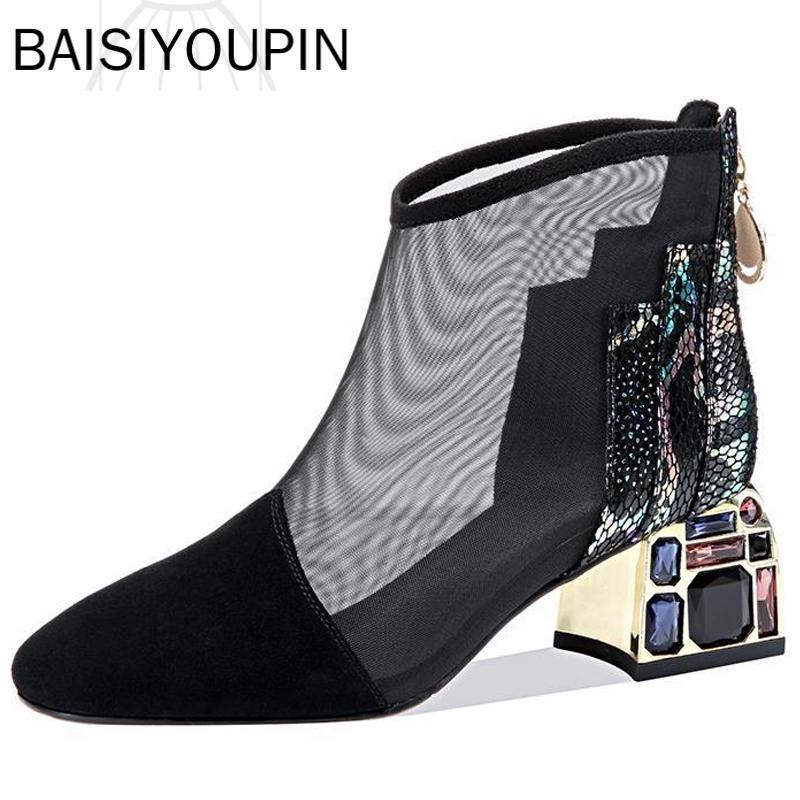 

Boots 2021 Mesh Sandals Women Ankle Boot For Summer Mid Heel Rhinestone Ponited Toe Shoes Hollow Out Back Zip Black