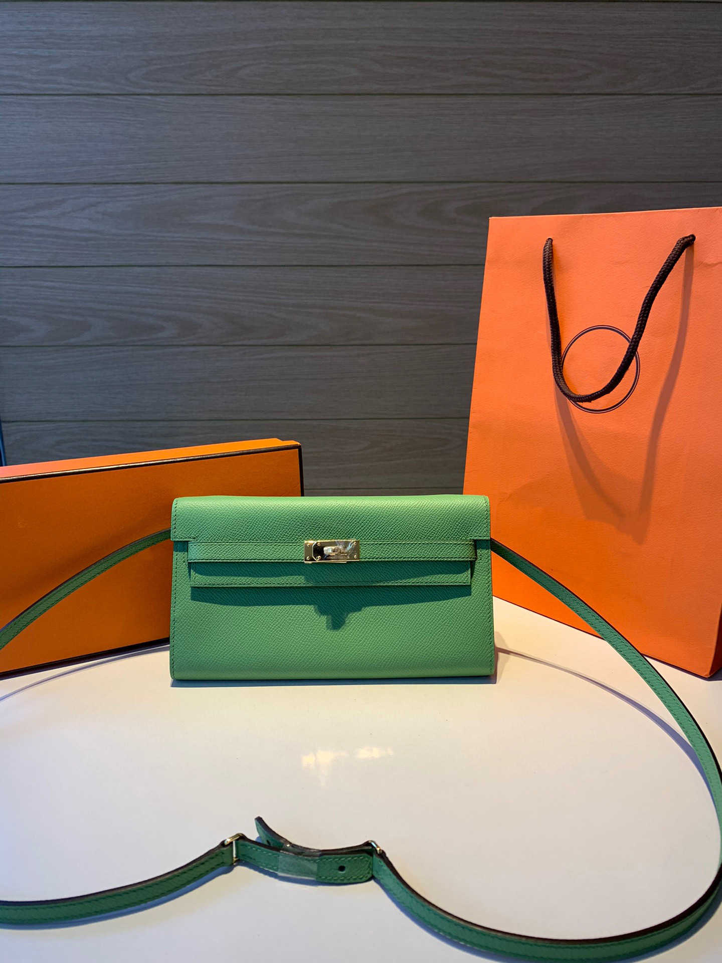 

Hand sewn wax thread to Togo One Shoulder Messenger Bag Avocado Green WOC wallet Epsom leather