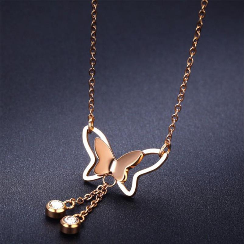 

Titanium Steel Bowknot Necklace Tassel Inlaid Crystal Simple For Women Pendant Necklaces