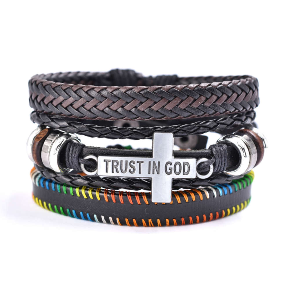 

Letter zinc alloy religious cross suit leather bracelet woven Bracelet, Golden;silver