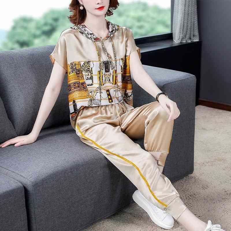 

High Quality Pant Sets Women Tracksuit Print Pullovers Elastic Waist Calf-length Pants Two Piece Suit Vintage Casual Streetwear 210603, Photo color