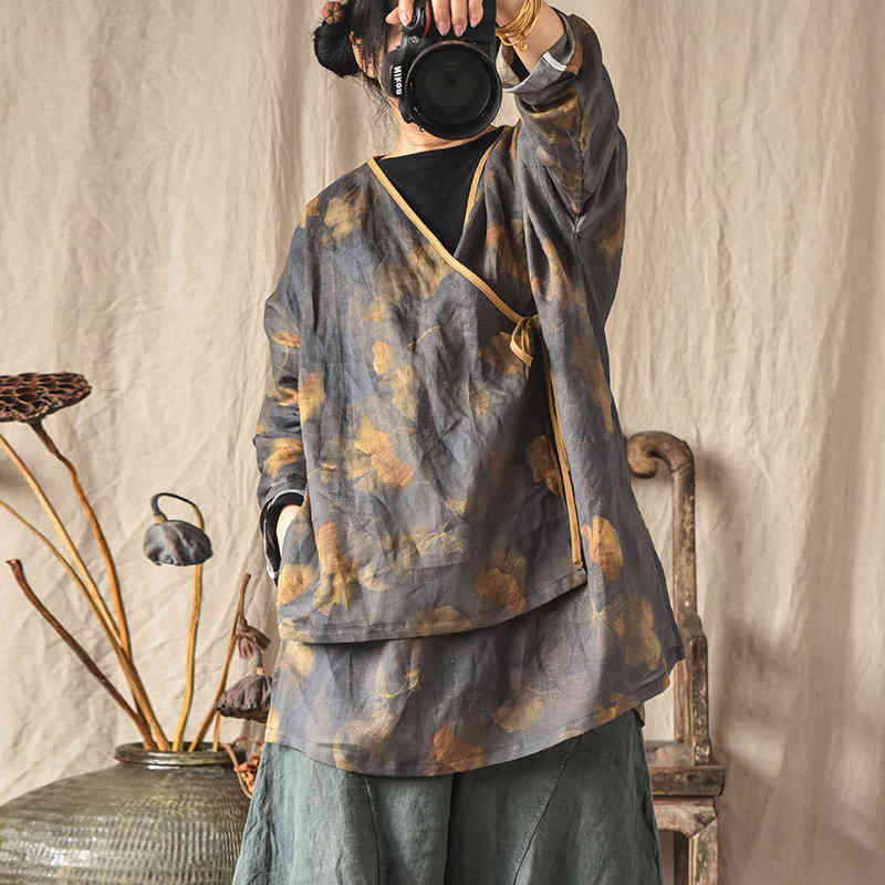 

Johnature Women Chinese Style Shirts And Tops Belt Ramie Print Floral V-Neck Long Sleeve Spring Vintage Loose Shirts 210521, White