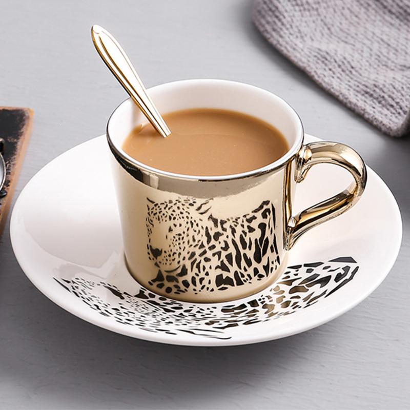 

Mugs Animal Shape Mirror Reflection Coffee Ceramic Tea Water Cups Leopard Anamorphic Coffeeware Drinkware With Dish Plate, 04