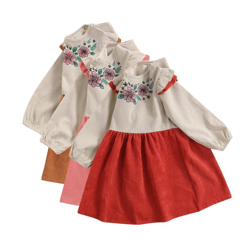 

Girl's Dresses Autumn Baby Girls Cute Sweet Long Sleeve Dress With Ruffle Decoration Flower Print Corduroy Folds Toddlers Casual Clothing 1-