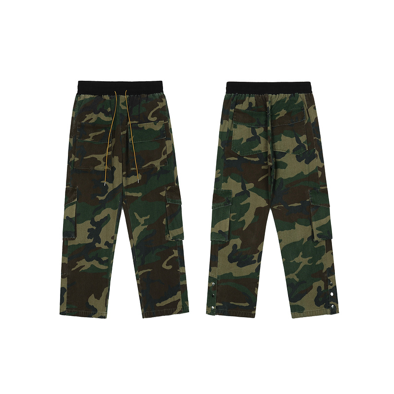 

High Quality Camouflage Multi-Pocket Rhude Cargo Men' Pants Streetwear Loose Camo Tooling Joggers Drawstring Trousers, Rhu-09 black