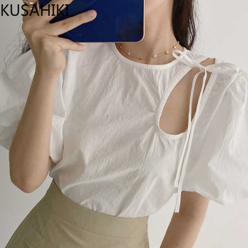 

KUSAHIKI Sexy Bow Tie Hollow-out Woman Shirts Causal Puff Sleeve O-neck Blouses Summer Korean Solid Blusa Feminina 6G933 210602, Yellow