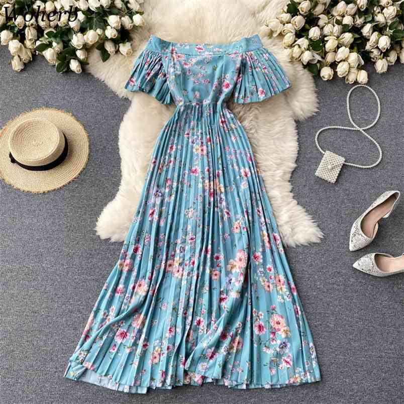 

Summer Sexy Slash Neck Pleated Dress Women Vacation Beach Floral Printed Draped Vestidos Female Sweet Robe 210519, White