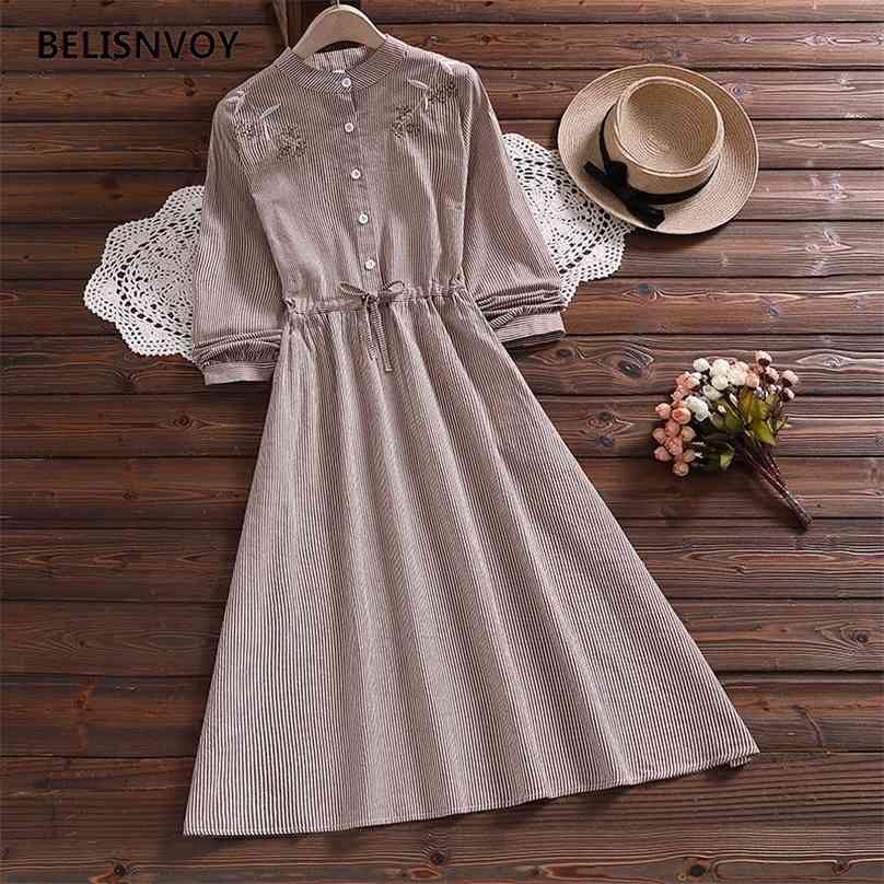 

Mori Girl Autumn Spring Women Elegant Dress Floral Embroidery Vintage Striped Casual Vestidos Femininos Sweet Cotton Lady 210520, Clear