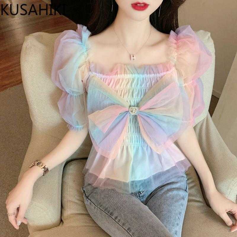 

KUSAHIKI Summer Chiffon Rainbow Blouse Suqre Colalr Sweet Bowknot Puff Sleeve Shirt Slim Waist Short Top Blusas 6G959 210602, Photo color