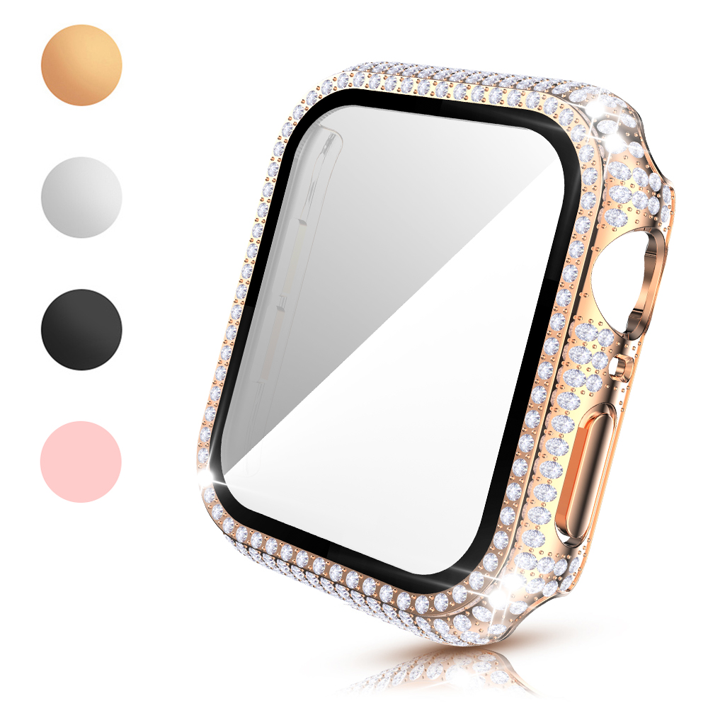 

Glass Film Full Diamond PC Cases for Apple Watch Series 6 SE 5 4 3 Case Accessories Iwatch 40mm 44mm 38mm 42mm Screen Protector Bumper Cover, Mix color