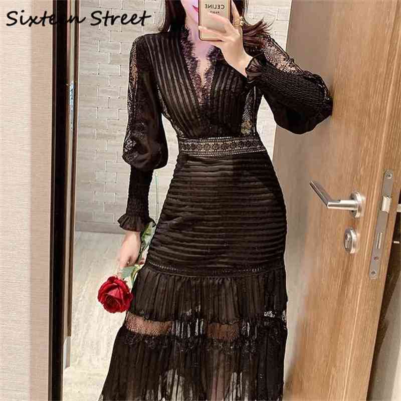 

Black Solid Lace Dress For Woman V-neck Long Sleeve Vestidos Lady Patchwork Elegant Vintage White Dresses Female Spring 210603
