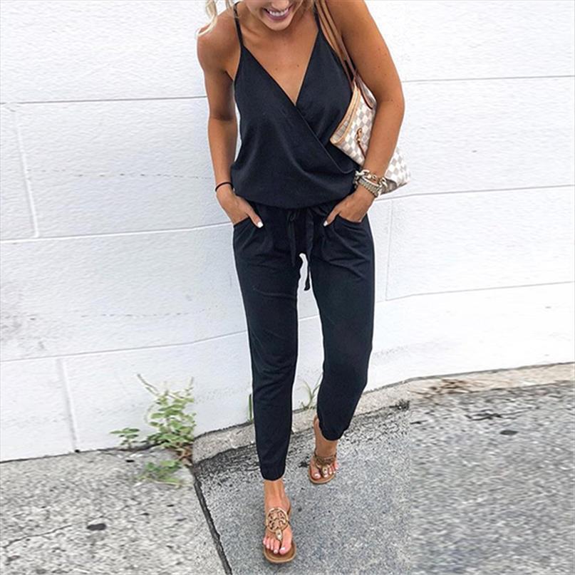 

spaghetti strap v neck womens jumpsuit wrap slim streetwear pocket summer bodysuit women drawstring rompers solid playsuit, Black;white