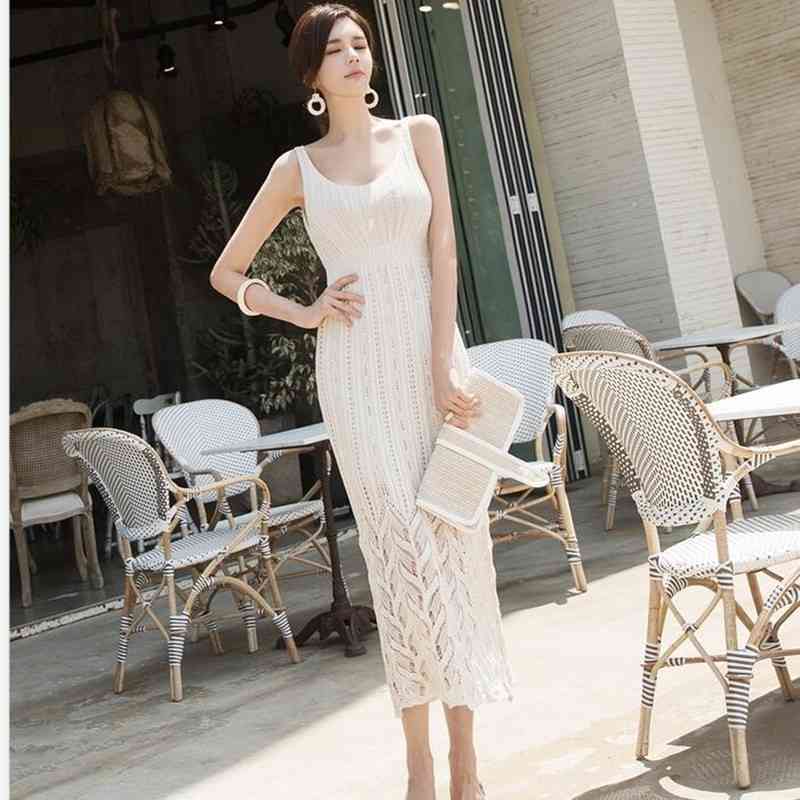 

Hollow Out Knitted Long Dress Soring Summer V-neck Sleeveless Slim Elastic Sweater Chic Rib Knit Camisole 210525, Beige