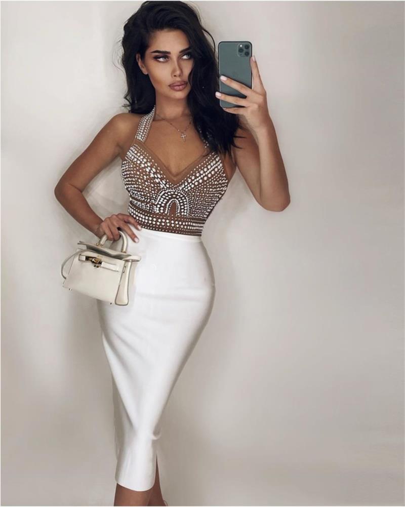 

women dress quality high street white black off shoulder sleeveless beading knee length shining bandage celebrity party, Black;gray