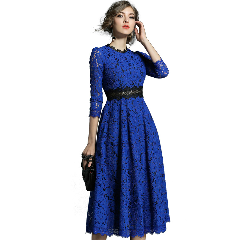 

2020 Spring New Women's Lace Dresses Floral Crochet Hollow Out Vestido Patchwork Casual Slim Office Party Long Dress, Black