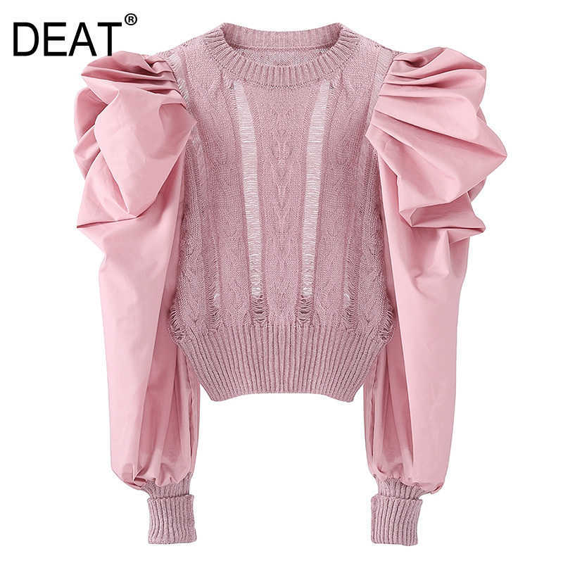 

[DEAT] Round Neck Puff Sleeve Hollow Out Long Solid Color Loose Knitting Sweater Women Autumn Spring 13C220 210527, Red
