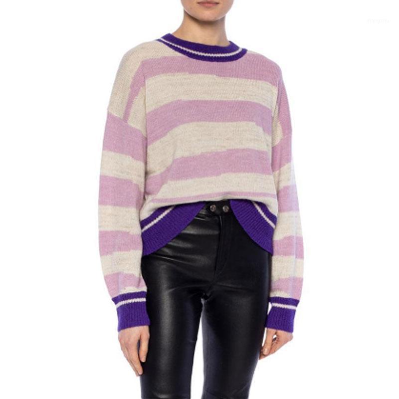 

Purple Striped Jumper Round Neck Pullover Loose-fitting Irregular Sweater For Men And Women