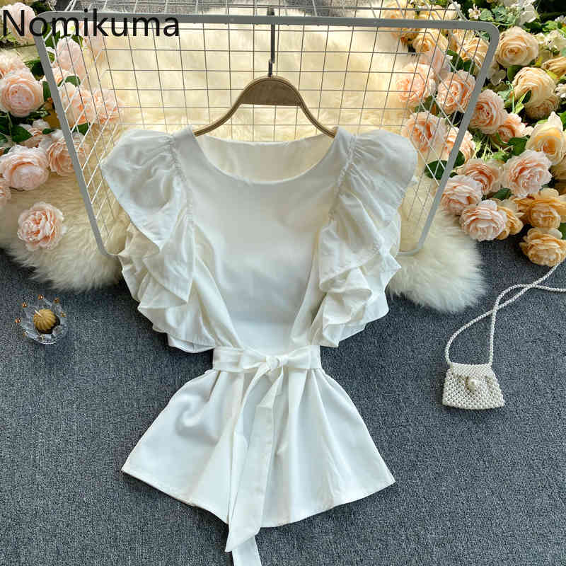 Nomikuma Korean Ruffle Sleeveless O-neck Chiffon Blouse Bow Lace Up Slim Waist Shirt Spring Summer Blusas Feminimos 6F197 210427