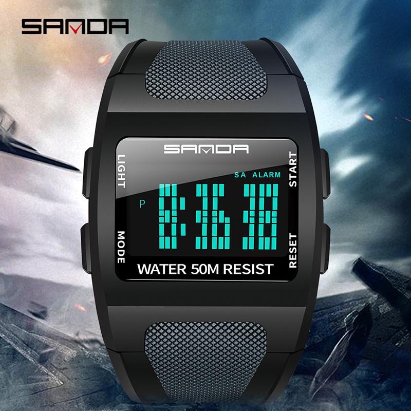 

Wristwatches Sanda-Men Electronic Watch Sports Waterproof Korean Fashion Square Digital Multifunction Chronograph Alarm Quartz, Black gold