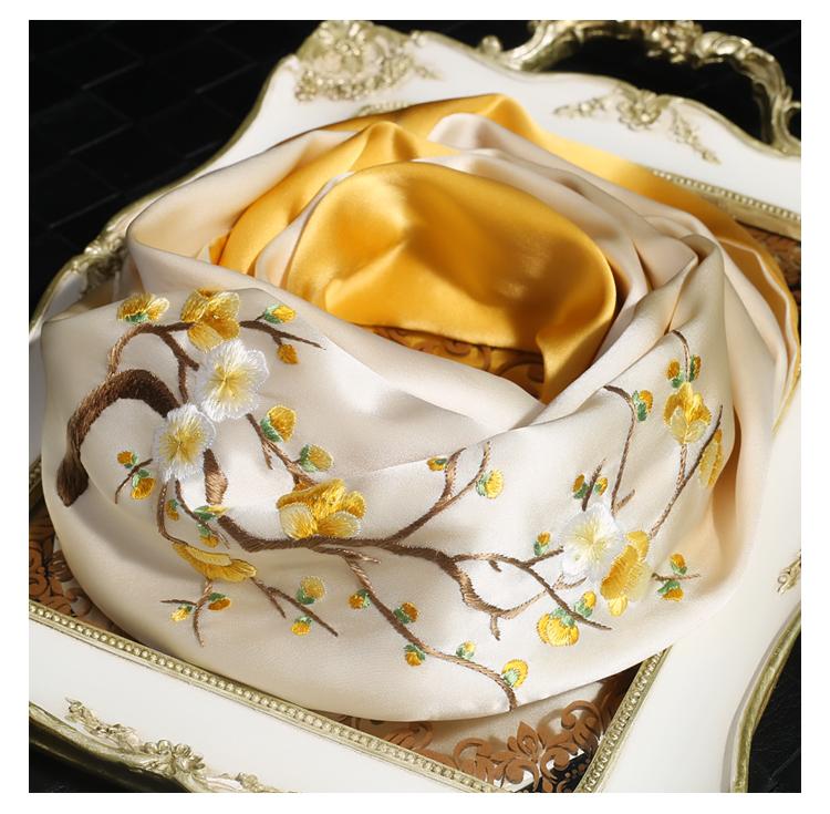 

Scarves 100% Silk Scarf Women Embroidered Double Layer 16MM Thick Luxury Quality Gift Real Shawl