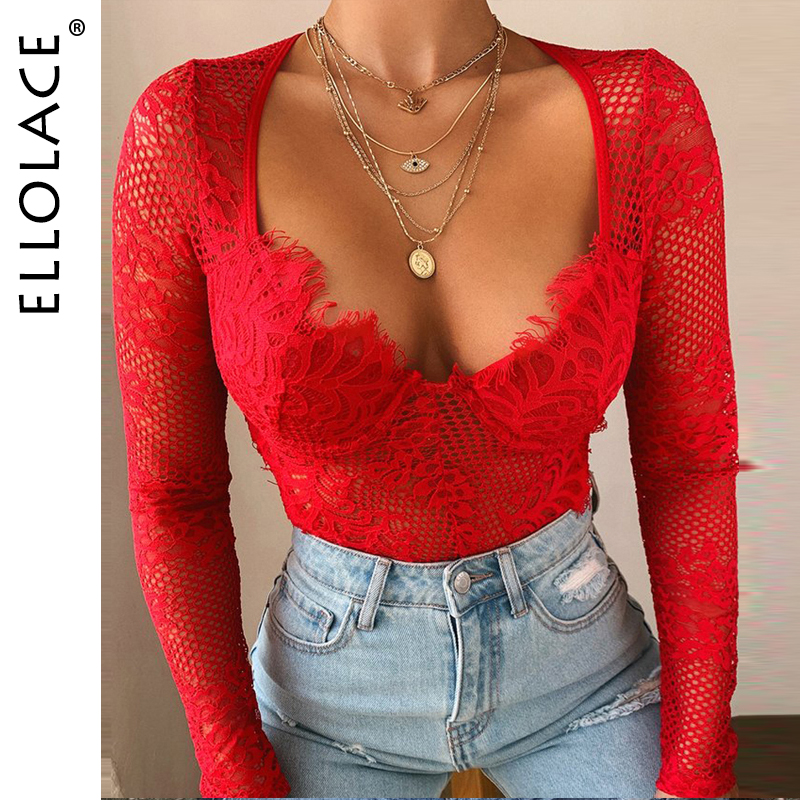 

2021lace bodysuit women deep-v long sleeve rompers bodycon bodys summer overalls female mesh fashion 2021 jumpsuit, Black;white