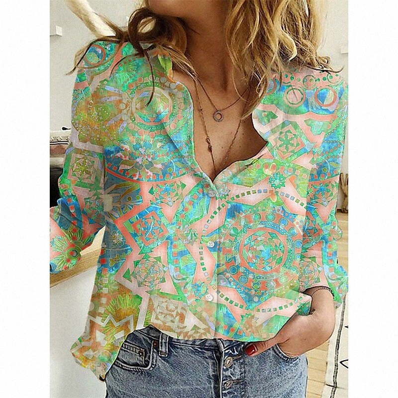 women's Geometric Blouse Shirt Graphic Geometric Button Print Shirt Collar Basic Tops Blue Purple Green x8fW#