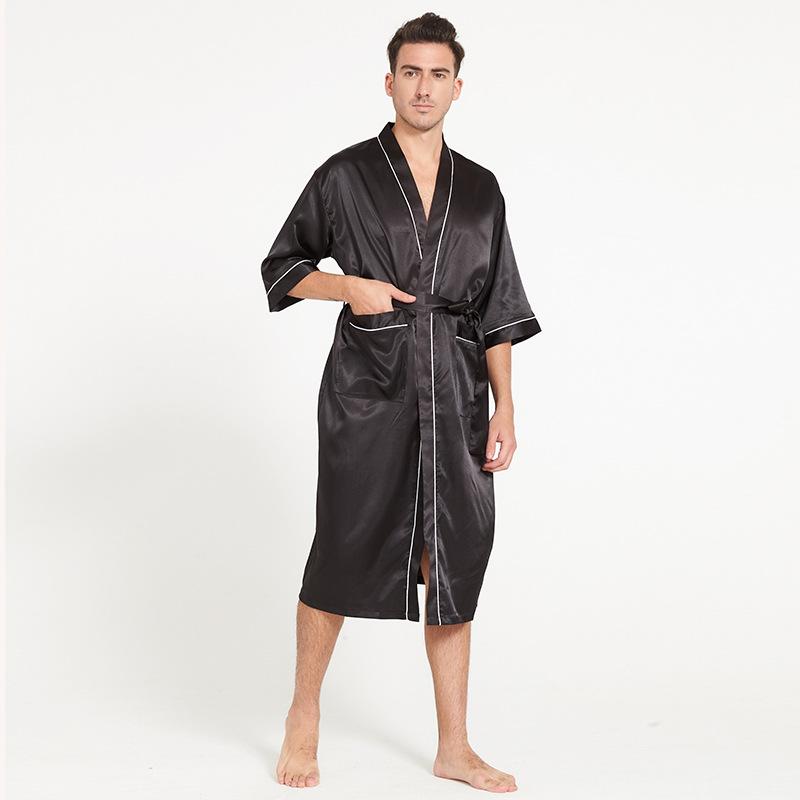 

Men's Sleepwear Summer Thin Fashion V Neck Sexy Man Robe Faux Silk Long Sleeves Pure Color Leisure Home Wear Bathrobe, Black