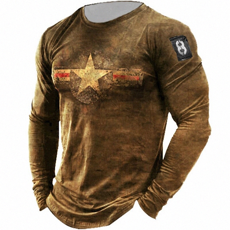 T-shirt Homme 3D Print Star Col Couche Casual Daily Manches à manches longues Haut de la mode légère Big et grand Vert Gris Kaki X3ZQ #