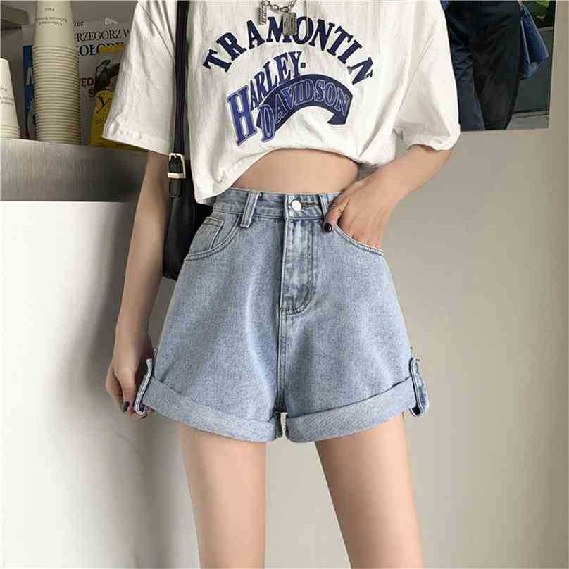 

Summer High-waist Denim Shorts Women Loose Wide-leg Jeans Pants Woman Streetwear Button Fly Cuffs Blue 210525