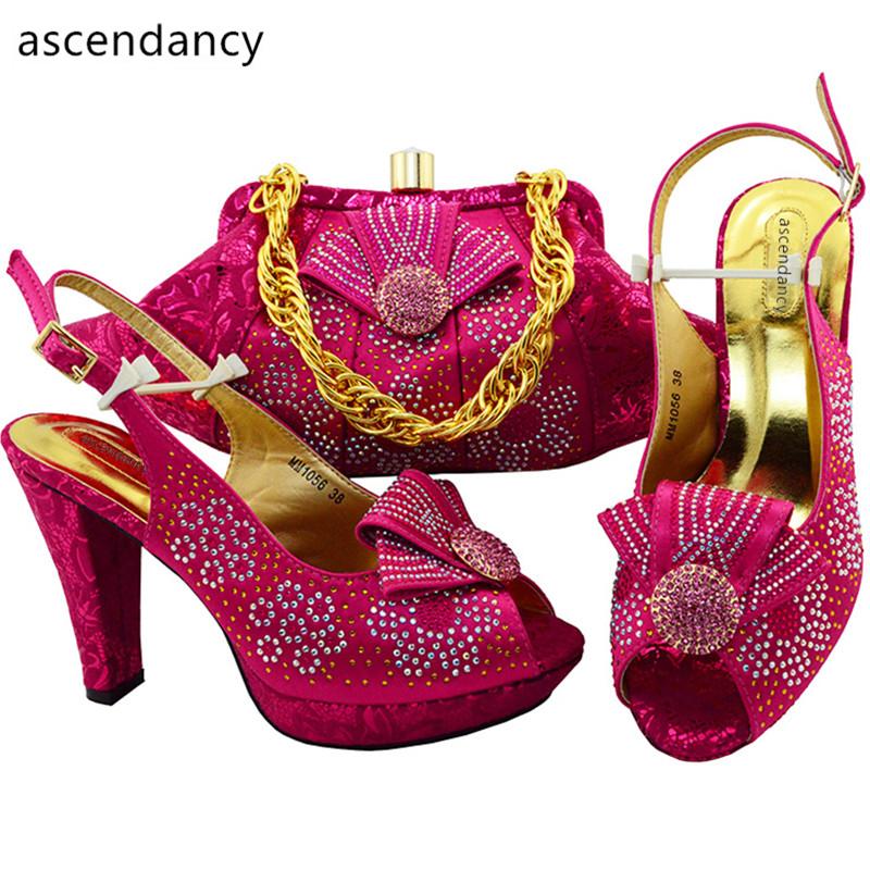 

Dress Shoes Arrival Fuchsia Color African Matching And Bags Italian In Women Rhinestone Shoe Bag Set Wedding, Black