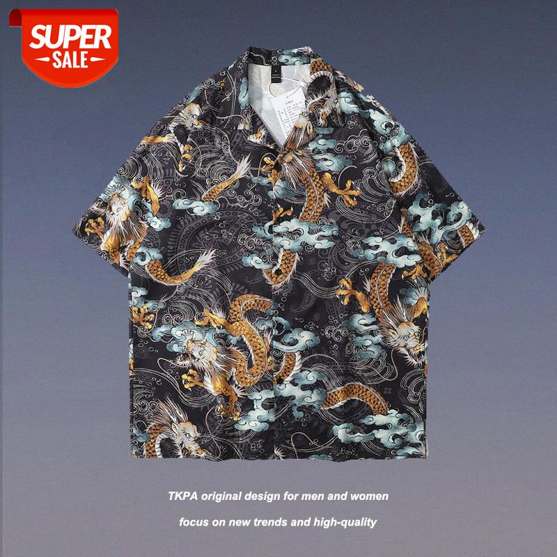 

TKPAvintage retro Chinese style dragon full print short-sleeved shirt men's hip-hop half-sleeved #og3j, White;black