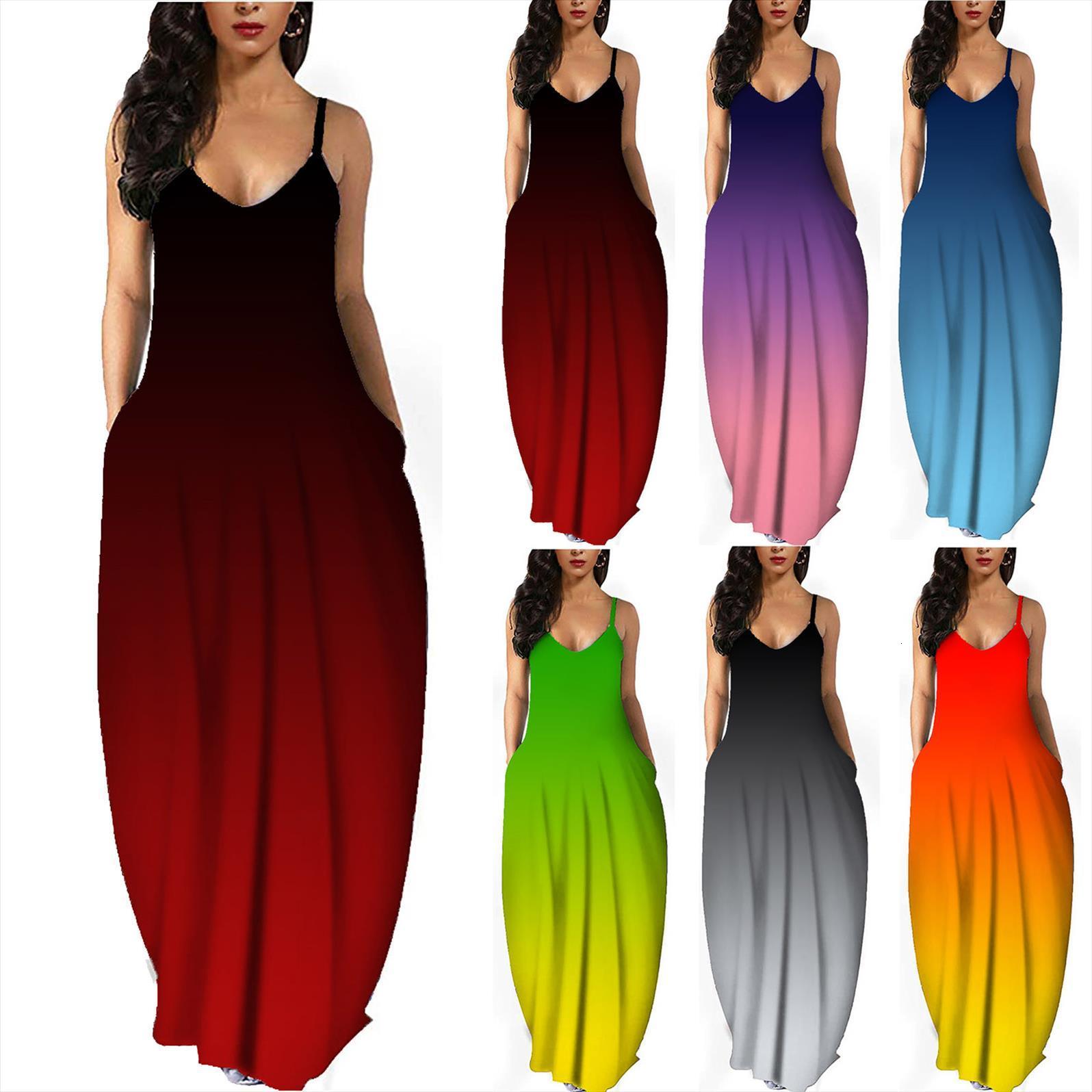 

maxi plus size v neck womens dresses gradient tie dye print strap ladies summer casual baggy beach bohemian robe, Black;gray