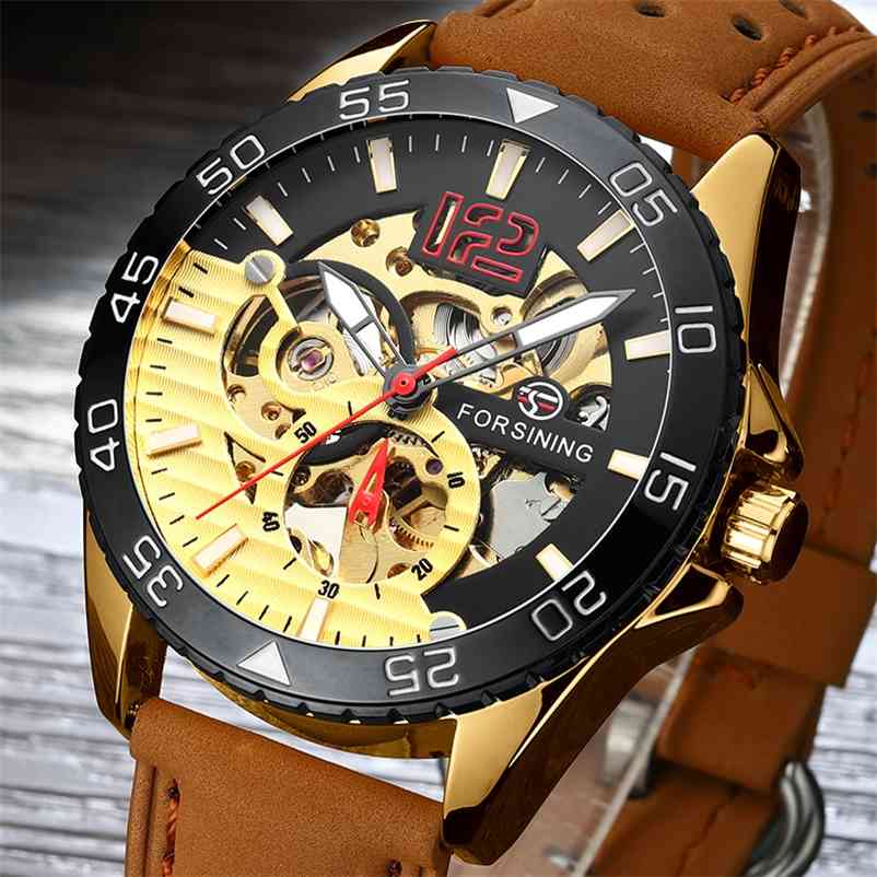 

Mens Watch Relogio Masculino Automatic Leather Strap Mechanical Top Brand Luxury Men gold Skeleton Wristwatch 210608, Gold black