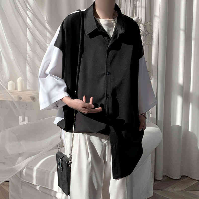 

men's casual shirts summer short-sleeved fashion hit color oversize men streetwear korean loose dress mens -3xl 1jjp, White;black
