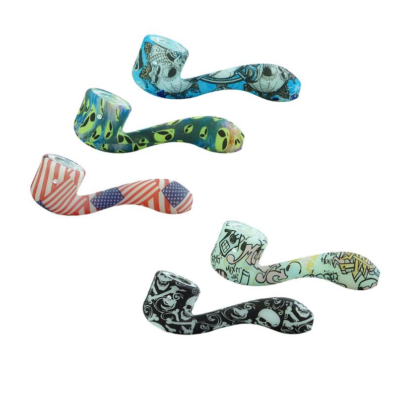 

Silicone Pipes Printing Hand Spoon Oil Burner Smoking Pipe With Glass Bowl 4.4" Silicon Bong Hookah 1 Piece