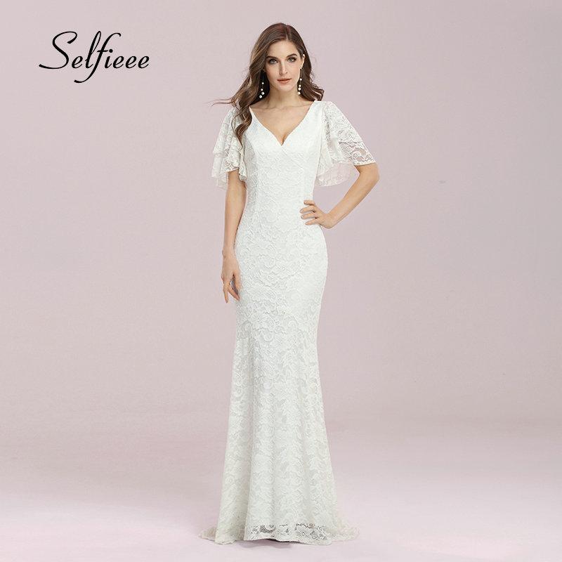 

White Dress Ever Pretty Elegant Fishtail Double V-neck Ruffle Sleeve Bodycon Fashion Lace Long Maxi Dresses For Women Femme Robe Casual, Cream