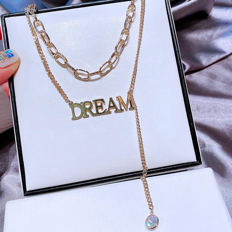

Chains MIGGA Double Layer Statement Letter DREAM Chain Necklace For Women Gold Color CZ Crystal Pendant Jewelry, Silver
