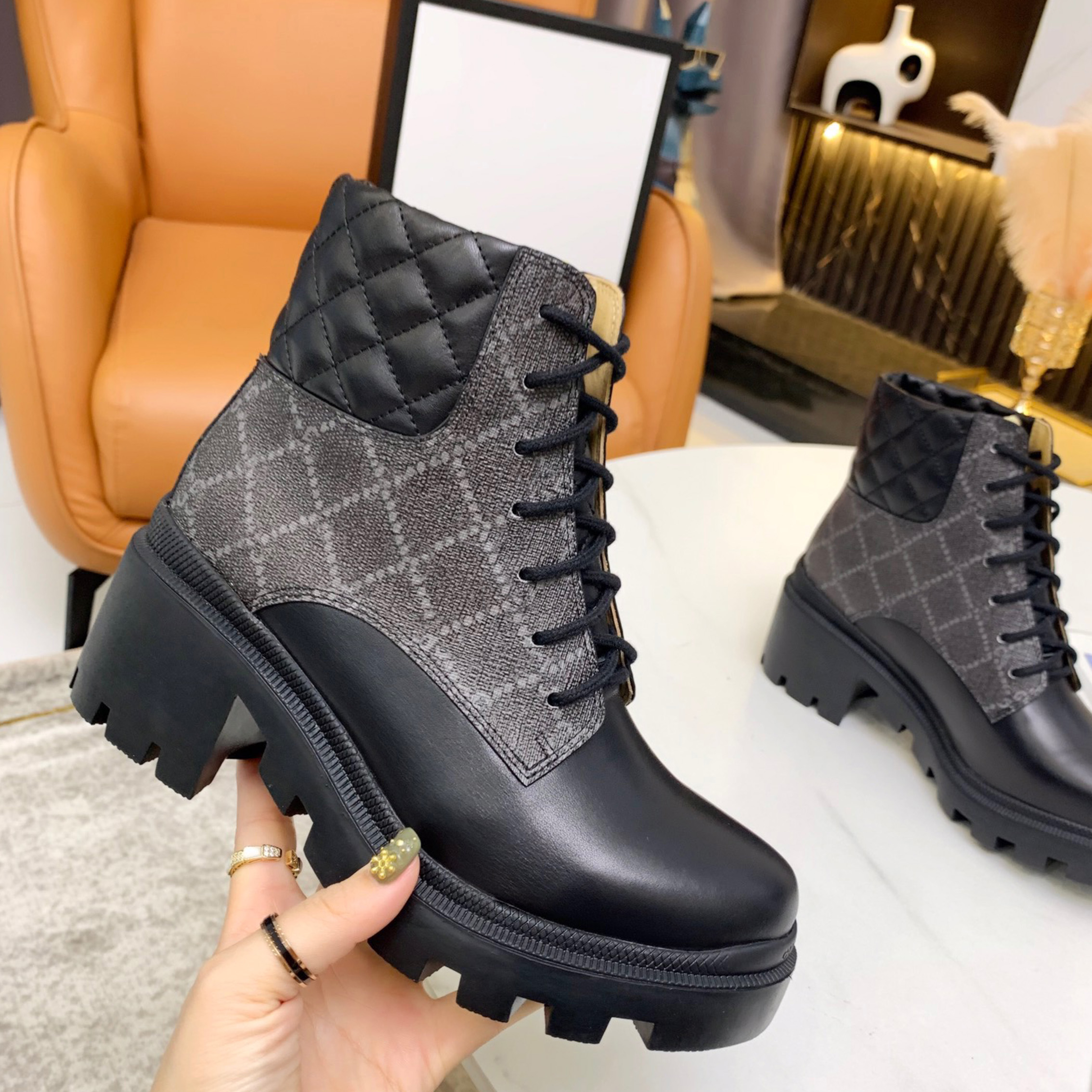 

Classic Leather Designer Thick-soled Desert Martin Boots Trail Lace-up Winter Ladies High Heel Shoelace Box size eur 35-42, As picture