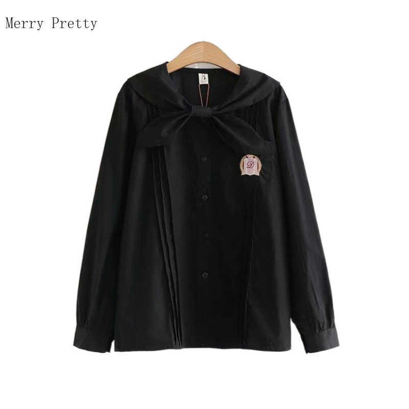 

Black Single Breasted Casual Blouse Badge Graphics Embroidery Preppy Shirts Women Summer Bow Collar Korean Girly Basic Top 210526