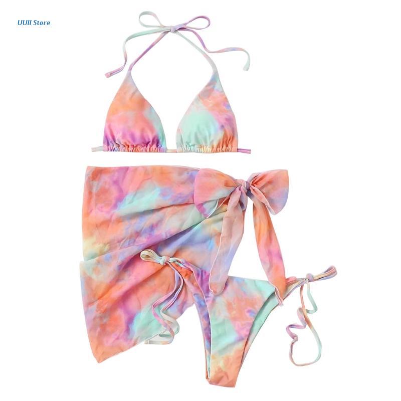 

Women' Swimwear Womens Sexy 3 Piece Gradient Rainbow Print Bikini Set Halter String Brazilian Swimsuit With Sarong Cover Up Beach Skirt Tie, As pic