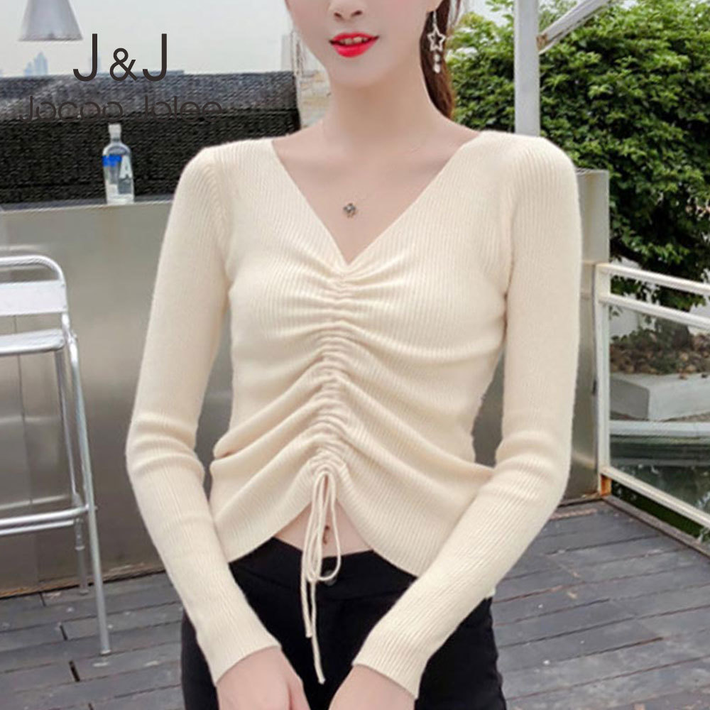 

Jocoo Jolee Korean Solid Drawstring Pleated Slim Knitted Sweater Harajuku Pullovers Women Autumn Elegant V Neck Sweater Jumpers 210518, Green