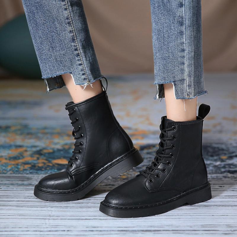 Boots 2021 Women PU Leather Lace-Up Platform Ankle Ladies Shoes Fashion Casual Classic Warm Fur Round Toe Motorcycle Booties