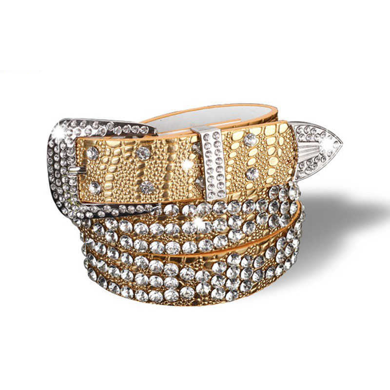 

Ladies Designer Luxury Rhinestones Wide Belts Solid Cowhide Leather Belt For Women Fashion Leopard Bright Crystal Jeans Strap H0901